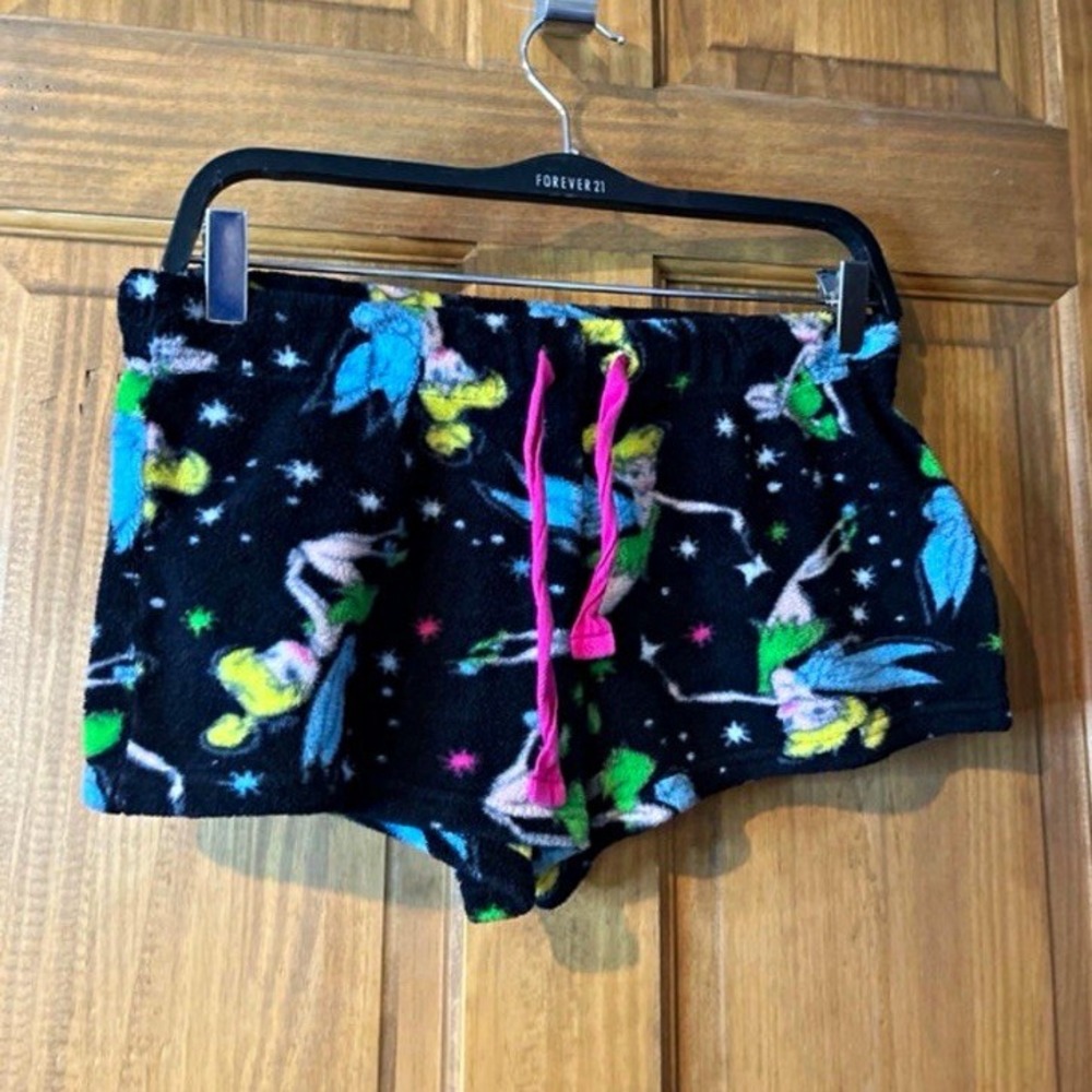 Disney Tinker Bell Fleece Pajama Shorts Medium M Black Drawstring Star Lounge